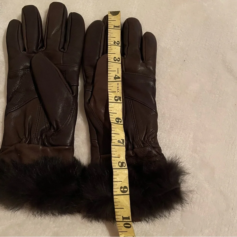 Leather and Fur Trimmed Gloves Small Dark Brown Winter